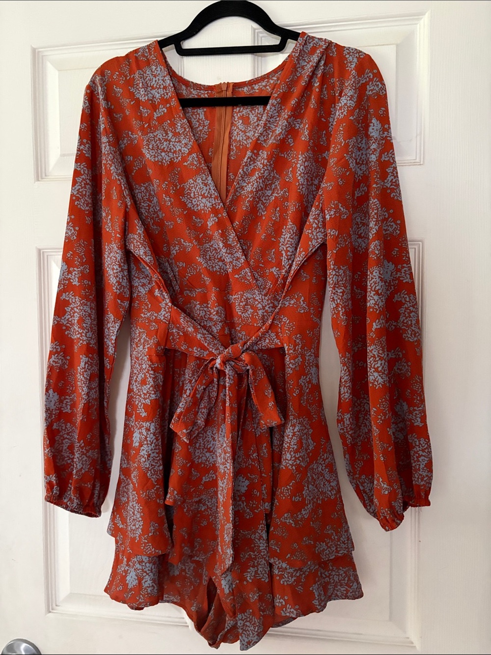Floral Wrap Romper in Rust and Light Blue